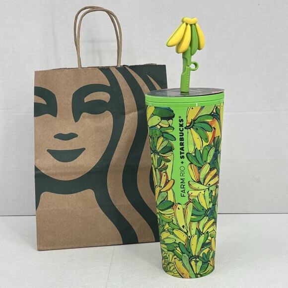 Starbucks x Farm Rio 24oz Tumbler Green Yellow Banana Straw Topper Summer 2025 - Picture 4 of 10